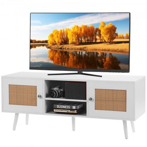 VEVOR Rattan-TV-Ständer, Fernsehschrank Boho-TV-Schrank für 140 cm Fernseher, Retro-TV-Ständer, Rattan-TV-Konsole mit verstellbaren Regalen & 2 Tü