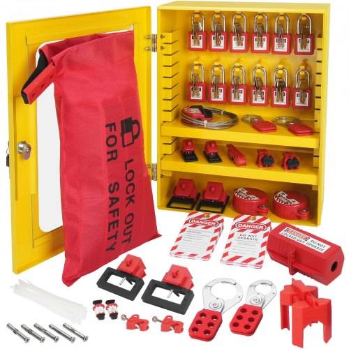 VEVOR Elektrisches Lockout-Tagout-Kit, 59-teiliges Sicherheits-Lockout-Tagout-Set mit Vorhängeschlössern, Haspen, Anhängern, Kabelbindern, Steckerv