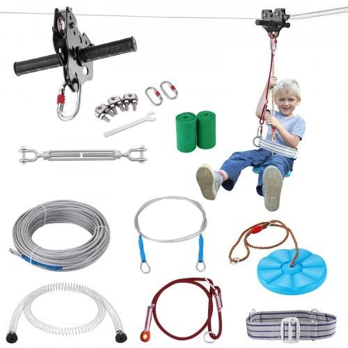 VEVOR Zipline Seilrutsche, 18,3 m Seilbahn Kinder, Zip Line Kit für Kinder und Erwachsene bis 150 kg, Backyard Zip Line Kit mit Verbessertem