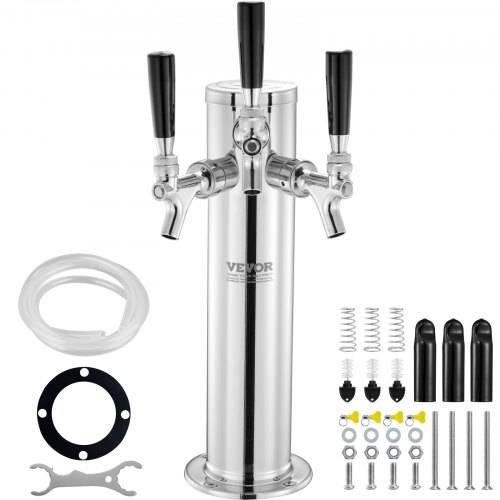 VEVOR Bierzapfturm mit 3 Zapfhähnen, Bierfassturm aus Edelstahl, Kegerator-Turm-Kit mit Vormontierten Schläuchen & selbstschlie_enden Zapfhähnen