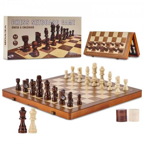 VEVOR Magnetisches Schachspiel aus Holz, 2-in-1 Schach-Dame-Spielset, Klappbare Schachbrettspiele für Erwachsene & Kinder, Tragbares