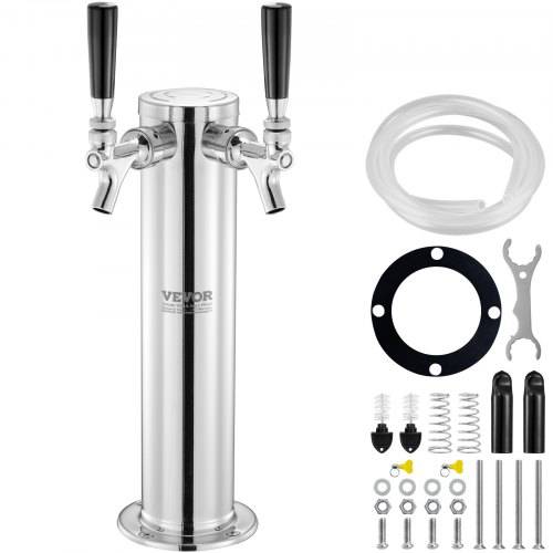VEVOR Bierzapfturm mit zwei Zapfhähnen, Bierfassturm aus Edelstahl, Kegerator-Turm-Kit mit Vormontierten Schläuchen & Selbstschlie_enden Zapfhähnen