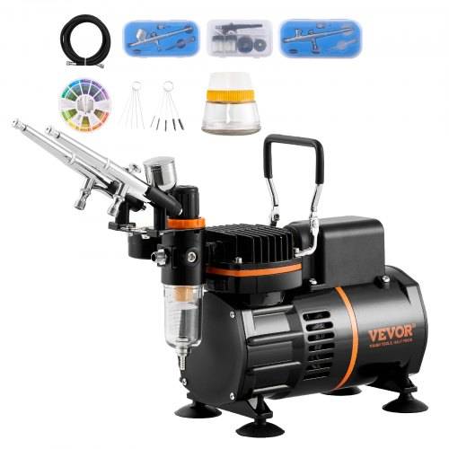 VEVOR Airbrush-Set, Luftkompressor mit Doppellüfter, professionelles Airbrush-System-Set mit 3 Airbrushes, Halter, Farbmischrad, Reinigungsbürsten-S