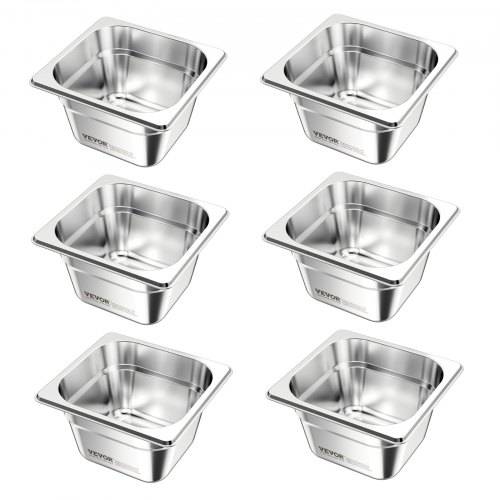 VEVOR Gastronormbehälter Hotelpfanne (1/6-Grö_e) 6 Stk. 1,7 L, wiederverwendbare Behälter (10 cm tief), rostfreie Catering-Aufbewahrung, Panierscha