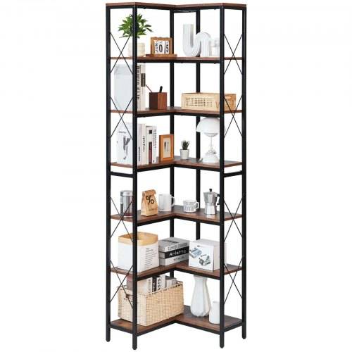 VEVOR Eckregal mit 7 Ebenen, hoher Eckständer Displayregal Lagerregal mit Metallrahmen & Holzregalen, Standregal (91 kg pro Ebene) Ausstellungsbüche