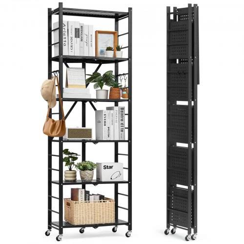 VEVOR 6 Etagen, Klappbare Regale mit Rädern, 30x61x183 cm, Faltbares Schwerlastregal, montagefreies Standregal, Haushaltsregal, Küchenregal, Metallr
