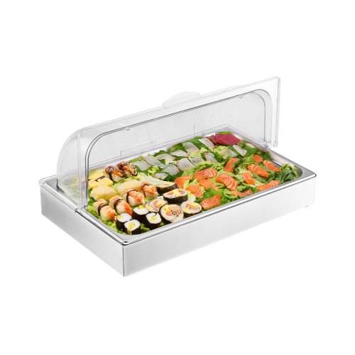 VEVOR Servierbehälter Buffet-Behälter Gastronormbehälter aus Edelstahl (1 Behälter), Präsentationsständer mit transparentem Deckel & 3 Eiswürfe