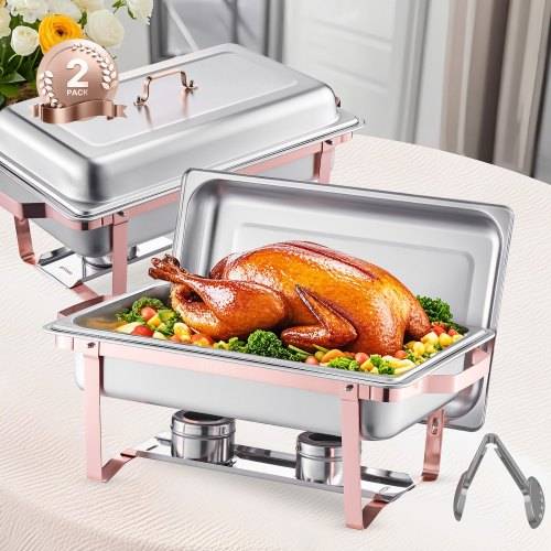 VEVOR Chafing Dish Set 2 Stk. Speisenwärmer Edelstahl mit 2 Pfannen (7,5 L) in voller Grö_e, rechteckiger Catering-Wärmespender mit Deckel & Wasser