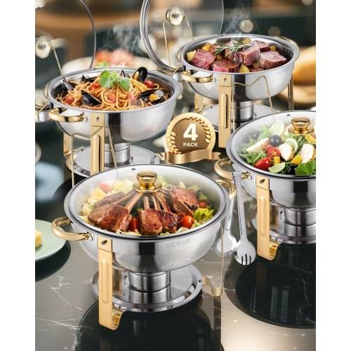 VEVOR Chafing Dish Buffet Speisenwärmer mit 4 Behältern in voller Grö_e (4,7 L), runder Catering-Wärmespender mit Glasdeckel & Wasserpfanne & klap