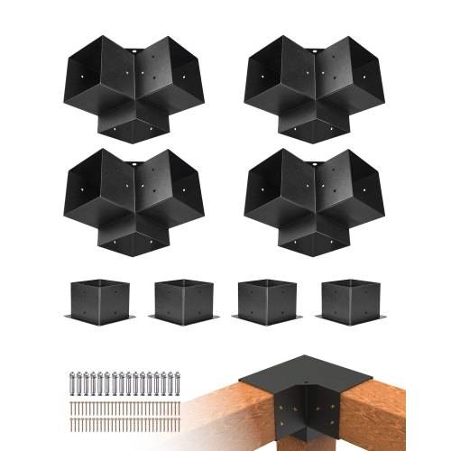 VEVOR Pfostenverbinder, Pfostennecke für 142 x 142 mm Pfosten, inkl. 4 Stk.3-Wege-Hochleistungs-Eckhalterung & 4 Stk. Pfostenträger, Pergola-Halteru
