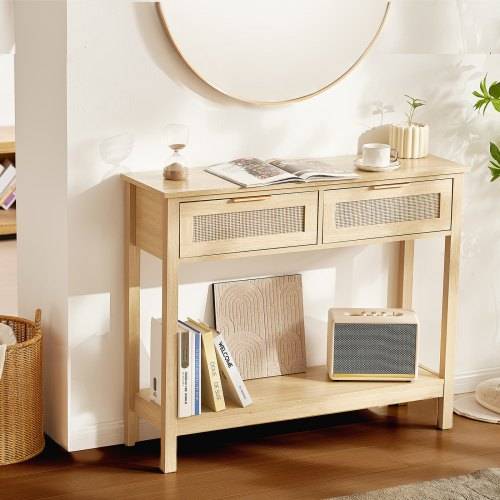 VEVOR Rattan-Konsolentisch mit 2 Schubladen, Rattan-Eingangstisch mit natürlicher Rattan-Schiebetür, Konsolen-Sofatisch für Wohnzimmer, Arbeitszimm