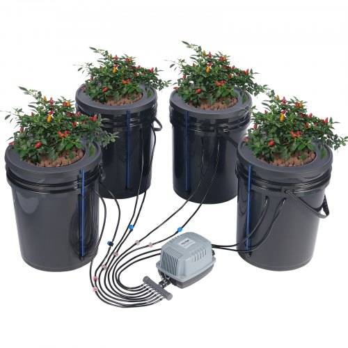 VEVOR DWC Hydroponics Grow System, Hydroponisches Anbausystem mit Top-Drip-Kit, Deep Water Culture 5-Gallonen-4-Eimer, mit Luftpumpe, Luftsteinen