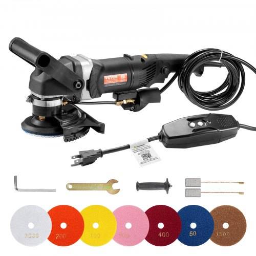 VEVOR Nasspolierer 800 W, 4-Zoll-Betonschleifer mit 6 variablen Geschwindigkeiten und 7 Polier-Kits, Nassschleifmaschine für Marmor, Granit, Stein