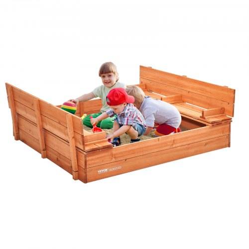 VEVOR Sandkasten aus Holz, 132 x 120 x 43 cm, Sandkasten mit klappbaren Sitzbänken und Bodeneinlage, Sandkasten aus Naturholz für Kinder für den Ga