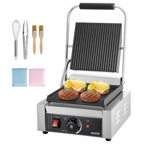 VEVOR kommerzieller Panini-Grill Kontaktgrill 1800 W für Sandwiches Steak Bacon Hamburger, Sandwichmaker Pressgrill aus Edelstahl mit Griff