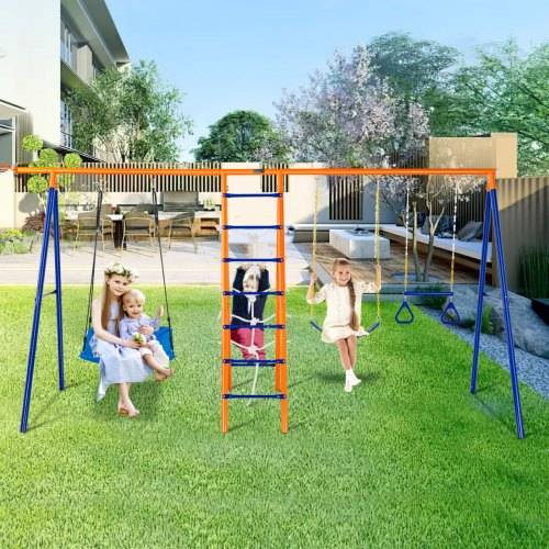 VEVOR Schaukel-Sets für den Garten, 6-in-1-Schaukel-Set mit 2 Schaukeln, Trapezstange, Kletterleiter, Kletternetz und Basketballkorb, 200 kg