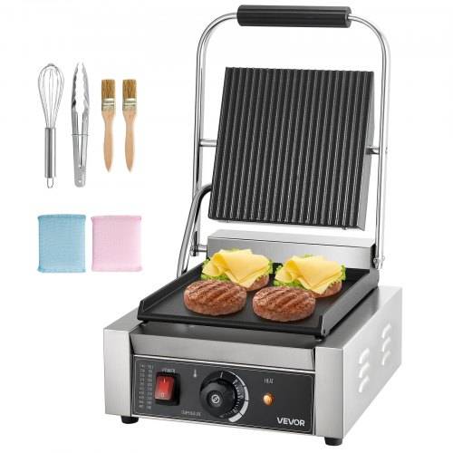 VEVOR Kommerzieller Kontaktgrill 1800 W Elektrogrill Sandwichmaker Panini Presse aus Edelstahl mit Griff & Temperaturregelung, 22 x 23 cm flache