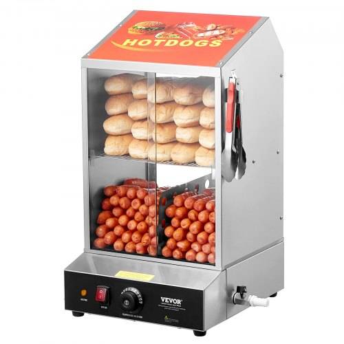 VEVOR Hot Dog Dampfgarer, 37L, 2-stufiger Hot Dog Hütten-Dampfgarer, 30__85_ Temperaturregelung, elektrischer Brötchenwärmer mit Schiebetüren aus