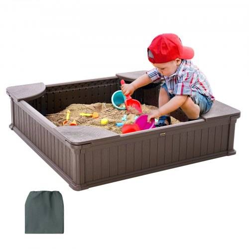 VEVOR Sandkasten mit Abdeckung, quadratischer Sandkasten, HDPE-Sandgrube mit 4 Ecksitzen & Bodenauskleidung, Kindersandkasten, Geschenk für Jungen