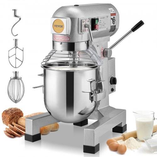 VEVOR Kommerzieller Küchenmixer, 10 l kommerzieller Standmixer mit 3 einstellbaren Geschwindigkeiten, 550 W Teigmixer mit Edelstahlschüssel und 3 Mi