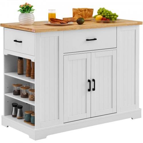 VEVOR Kücheninselwagen, 117 cm Frühstücksbar mit Holzplatte und Lagerschrank, Bauernküchentisch mit verstellbarem Regal, Schublade, für Esszimmer