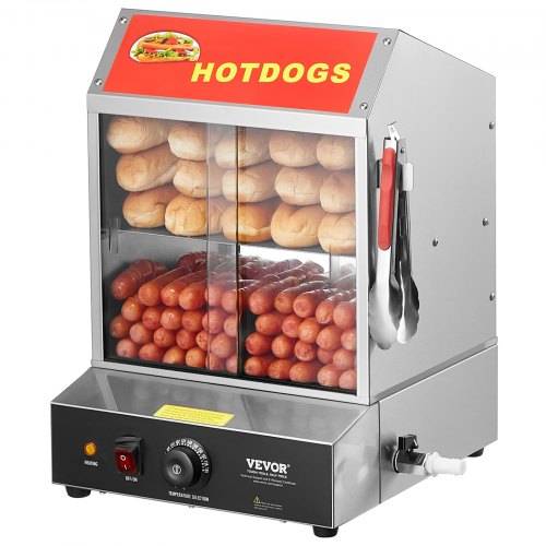 VEVOR Hot Dog Dampfgarer, 27L, 2-stufiger Hot Dog Hütten-Dampfgarer, 30__85_ Temperaturregelung, elektrischer Brötchenwärmer mit Schiebetüren aus