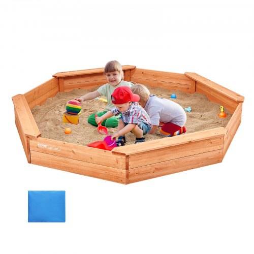 VEVOR Holzsandkasten mit Abdeckung, achteckiger Sandkasten, Sandgrube mit 4 Sitzplätzen & Bodenauskleidung, Kindersandkasten für den Garten, Geschen