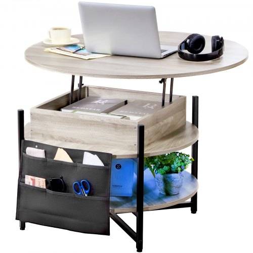 VEVOR Couchtisch mit anhebbarer Platte, 35,3 Zoll runder Couchtisch mit zusätzlichen Aufbewahrungstaschen, aufklappbarer Couchtisch für das Wohnzimm