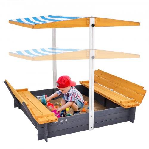 VEVOR Holzsandkasten mit _berdachung, Sandkasten, Sandgrube mit klappbaren Sitzbänken und Bodeneinlage, Naturholz-Sandkasten für Kinder für den Gar
