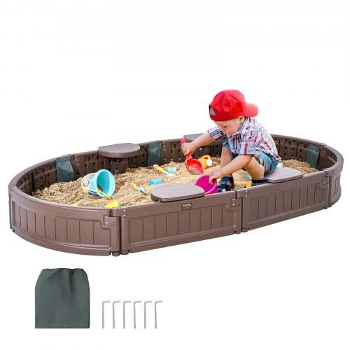 VEVOR Sandkasten mit Abdeckung, 183 x 105 x 23 cm, ovaler Sandkasten, HDPE-Sandgrube mit 4 Ecksitzen und Bodenauskleidung, Kindersandkasten für