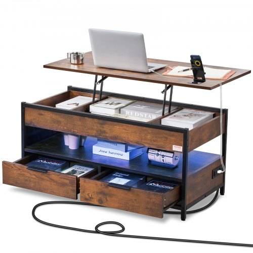 VEVOR Couchtisch mit anhebbarer Platte, 39,4 Zoll gro_er rechteckiger Couchtisch mit zusätzlichen Aufbewahrungstaschen, aufklappbarer Couchtisch mit