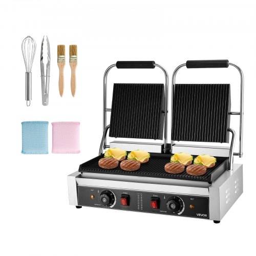 VEVOR kommerzieller Kontaktgrill 3600 W Elektrogrill Sandwichmaker (Doppelbackplatten) Panini Presse aus Edelstahl mit Temperaturregelung, 48 x 23