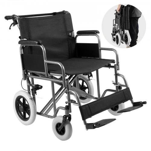VEVOR Rollstuhl, Transportstuhl aus Karbonstahl für Erwachsene, Faltbarer Rollstuhl mit abnehmbarer Armlehne, selbstsperrende Bremse, 24 Zoll