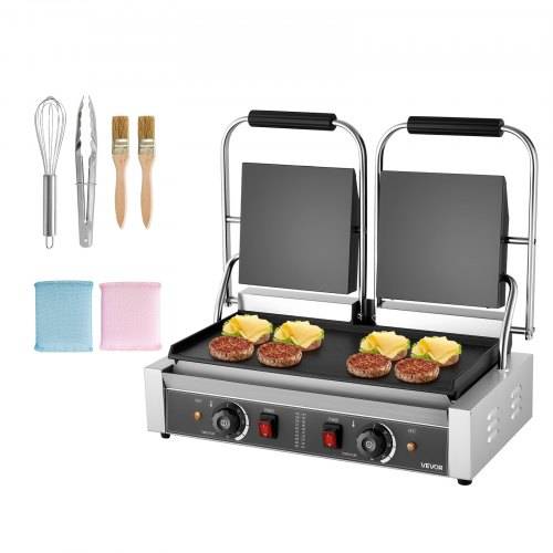 VEVOR kommerzieller Kontaktgrill 3600 W Elektrogrill Sandwichmaker (Doppelbackplatten) Panini Presse aus Edelstahl mit Temperaturregelung, 48 x 23