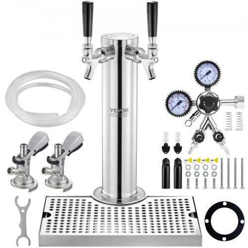 VEVOR Kegerator-Turm-Kit, Bier-Umrüstsatz mit zwei Zapfhähnen, Bier-Turmspender aus Edelstahl mit Doppelmessgerät W21.8-Regler und A-System-Fasskup
