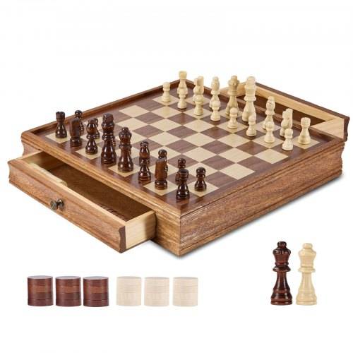 VEVOR Schachspiel aus Massivholz, 2-in-1 Schach-Dame-Spielset, 38 cm Schachbrettspiele mit Aufbewahrungsschublade & Schachfiguren, für Turniere