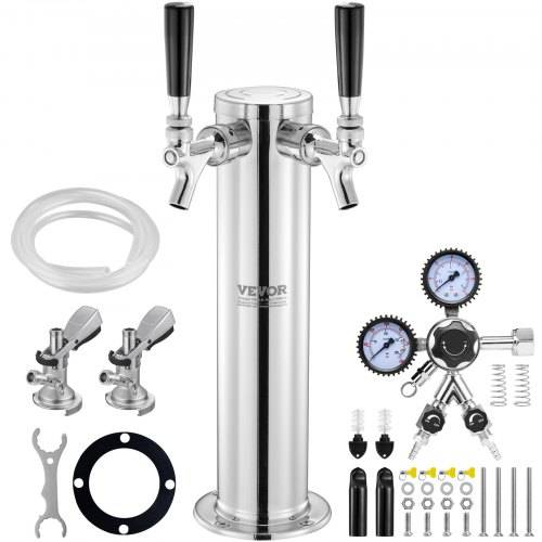 VEVOR Kegerator-Turm-Kit, Bier-Umrüstsatz mit zwei Zapfhähnen, Bier-Turmspender aus Edelstahl mit Doppelmessgerät W21.8-Regler und A-System-Fasskup