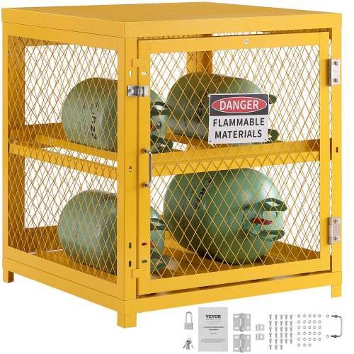 VEVOR Horizontaler Flaschenlagerschrank, 4 x 33 lbs Flaschenkapazität, 31,02 x 30,04 x 35 Zoll Propan-Lagerkäfig, Gasflaschenschrank, gelbe Pulverbe