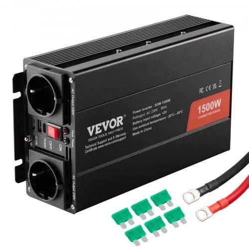 VEVOR Sinus-Wechselrichter, 1500 W DC 12 V AC 230 V Wechselrichter mit 2 AC-Steckdosen 2 USB-Anschlüssen 1 Typ-C-Anschluss 6 Ersatzsicherungen für
