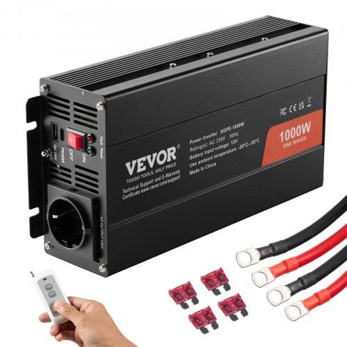 VEVOR Wechselrichter mit reiner Sinuswelle 1000W DC 12V AC 230V Spannungswandler mit 1 AC-Steckdosen 1 USB-Anschlüssen 1 Typ-C-Anschluss Fernbedienu