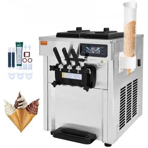 VEVOR Kommerzielle Eismaschine 18_28 L/h, 3 Geschmacksrichtungen, Italienische Eismaschine, 2 x 5,5 L Trichter, LCD-Panel, Automatische Vorkühlung
