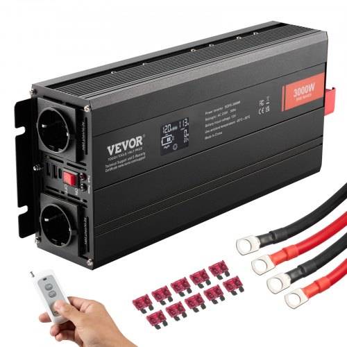 VEVOR Wechselrichter mit reiner Sinuswelle 3000W DC12V AC 230 V Spannungswandler 2 AC-Steckdosen 2 USB-Anschlüssen 1 Typ-C-Anschluss LCD-Display und