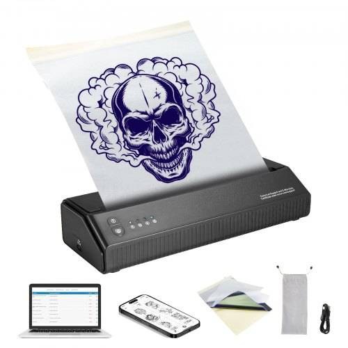 VEVOR Tattoo-Transfer-Schablonendrucker, Kabelloser Bluetooth-Tattoo-Schablonendrucker mit 10-teiligem Transferpapier und Stoffbeutel, Tragbarer