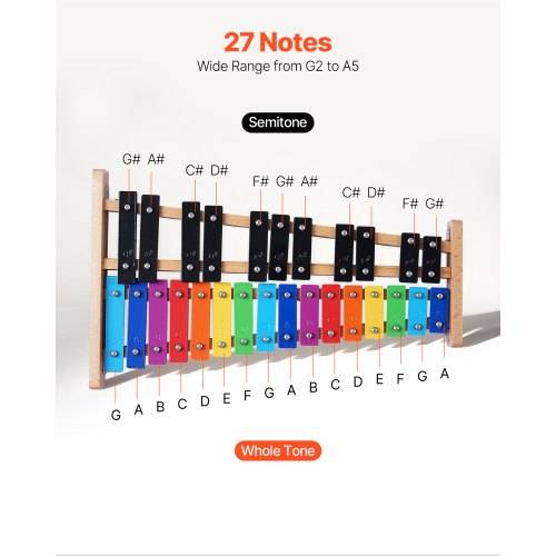 VEVOR Glockenspiel, 27 Noten, professionelles Xylophon-Schlaginstrument, mit SPCC-Klappen & bunten Metalltasten, inklusive 4 Schlägeln, Tragetasche
