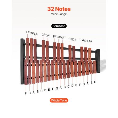 VEVOR Glockenspiel, 32 Noten, professionelles Xylophon-Schlaginstrument aus Holz, mit höhenverstellbarem Ständer aus Kohlenstoffstahl, 4 Schlägeln