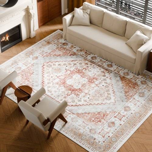 VEVOR Flächenteppich, 2743 x 3658 mm Kurzflor, waschbarer Teppich, rutschfester Wohnzimmerteppich, Vintage-Stil, Innenmatte für Schlafzimmer, Wohnzi