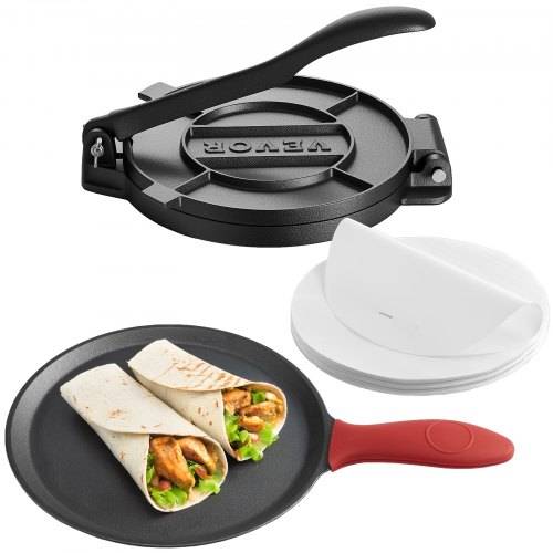 VEVOR Tortillapresse Taco Presse (25 cm) aus Graueisen, robuste Pataconera-Maker mit Griff & 100 Stk. Pergamentpapier, Teig-Presse für Tortilla
