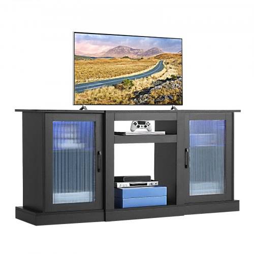 VEVOR TV-Ständer für Fernseher bis zu 65 Zoll, TV Tisch mit Lichtleiste, TV-Schrank aus Holz mit Türen & verstellbaren Regalen, Konsolentisch Ferns