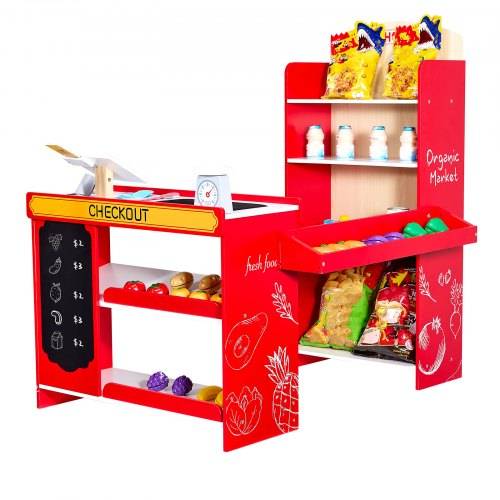 VEVOR Kinder-Lebensmittelladen-Spielset, Holz-Spielladen mit Einkaufstasche, Kinder-Supermarkt mit Förderband, Scanner, Registrierkasse, Obst und