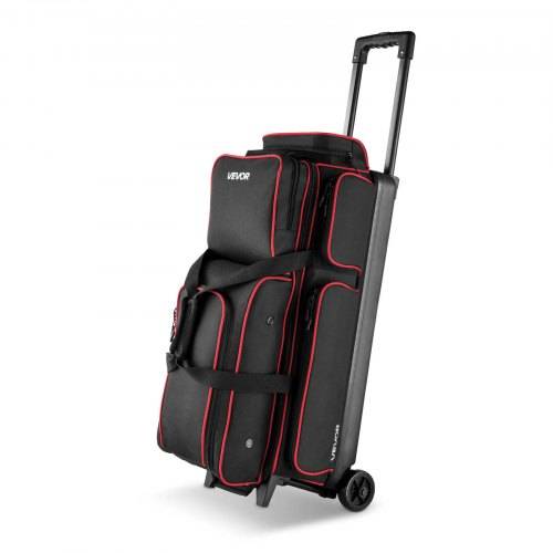 VEVOR Bowlingballtasche für 3 Bälle mit Doppelrollen & separatem Fach für Schuhe (bis US-Grö_e 16) & übergro_er Zubehörtasche, einziehbarer Grif